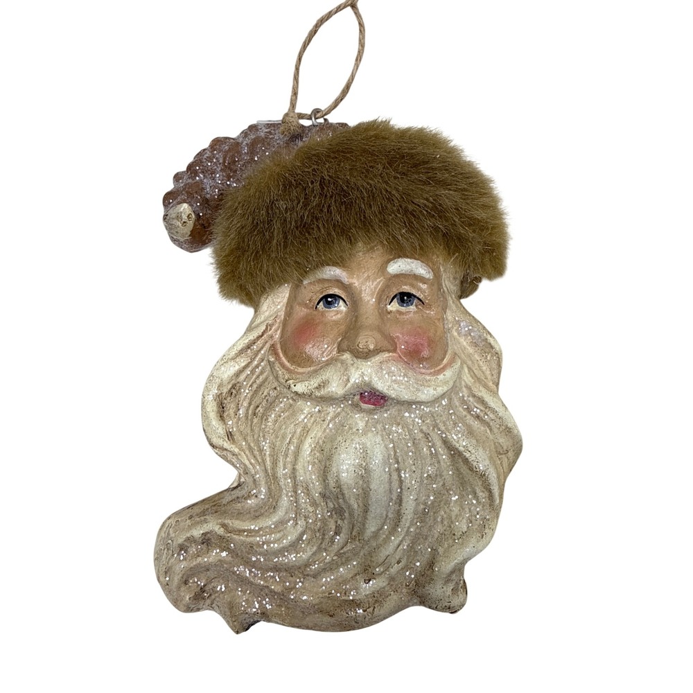 Santa Claus Ornament Christmas Tan Resin Fur Pinecone Rustic Woodland Glitter 6"